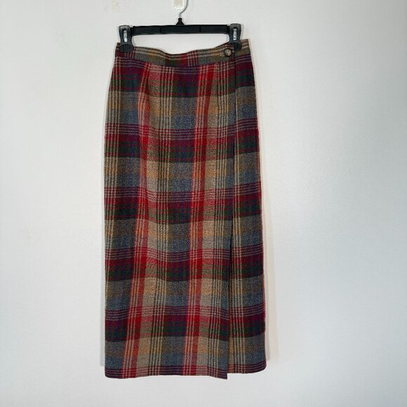Vintage Talbots 100% Wool Plaid Midi Wrap Skirt Red Grey Librarian Modest 6 - Picture 1 of 10